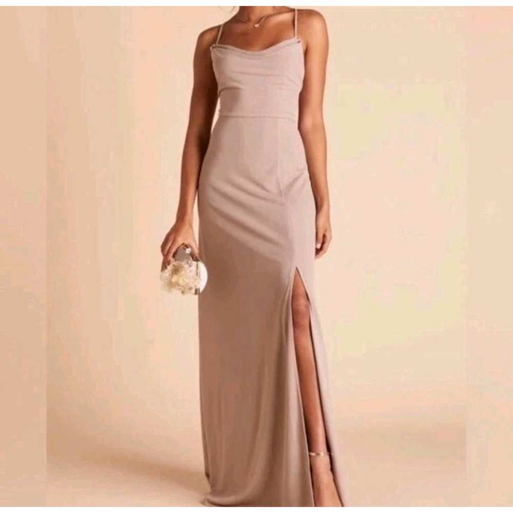 BIRDY GREY Ash Crepe Long Maxi Formal Dress Taupe With Slit Size Small NWOT - Picture 2 of 13